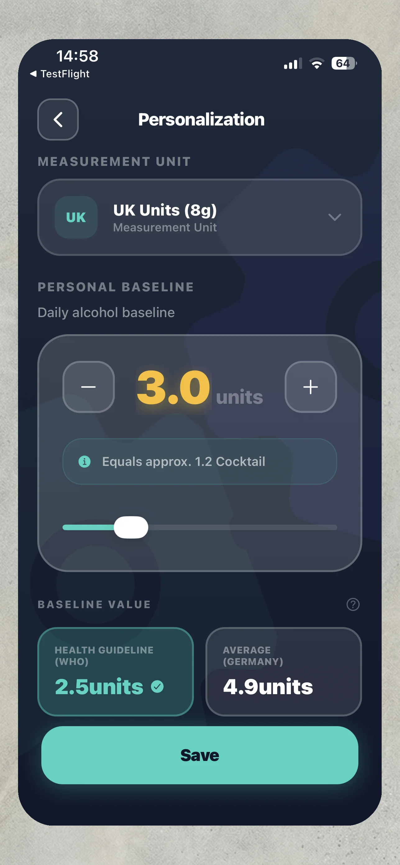 Relimie Home Screen – baseline tracking view