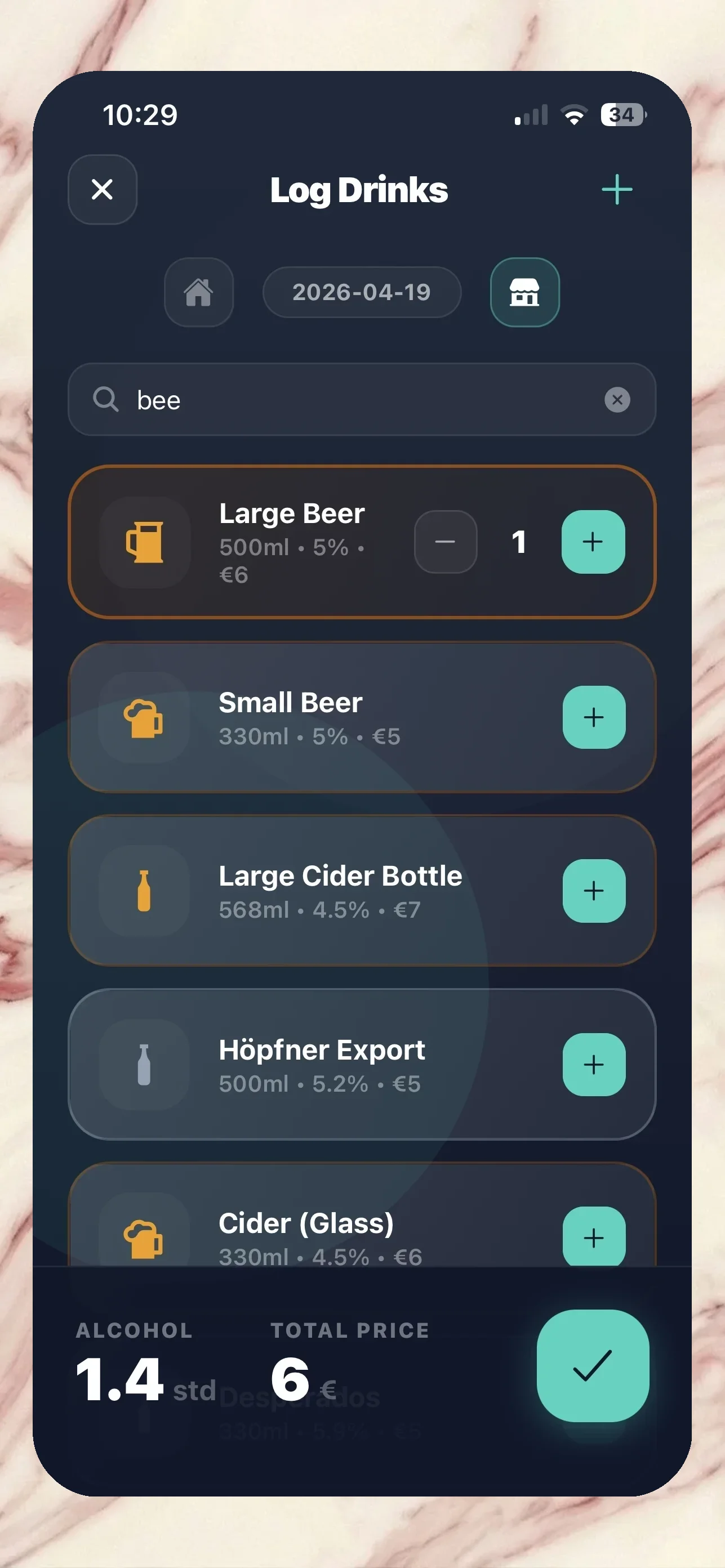 Relimie drink logging screen