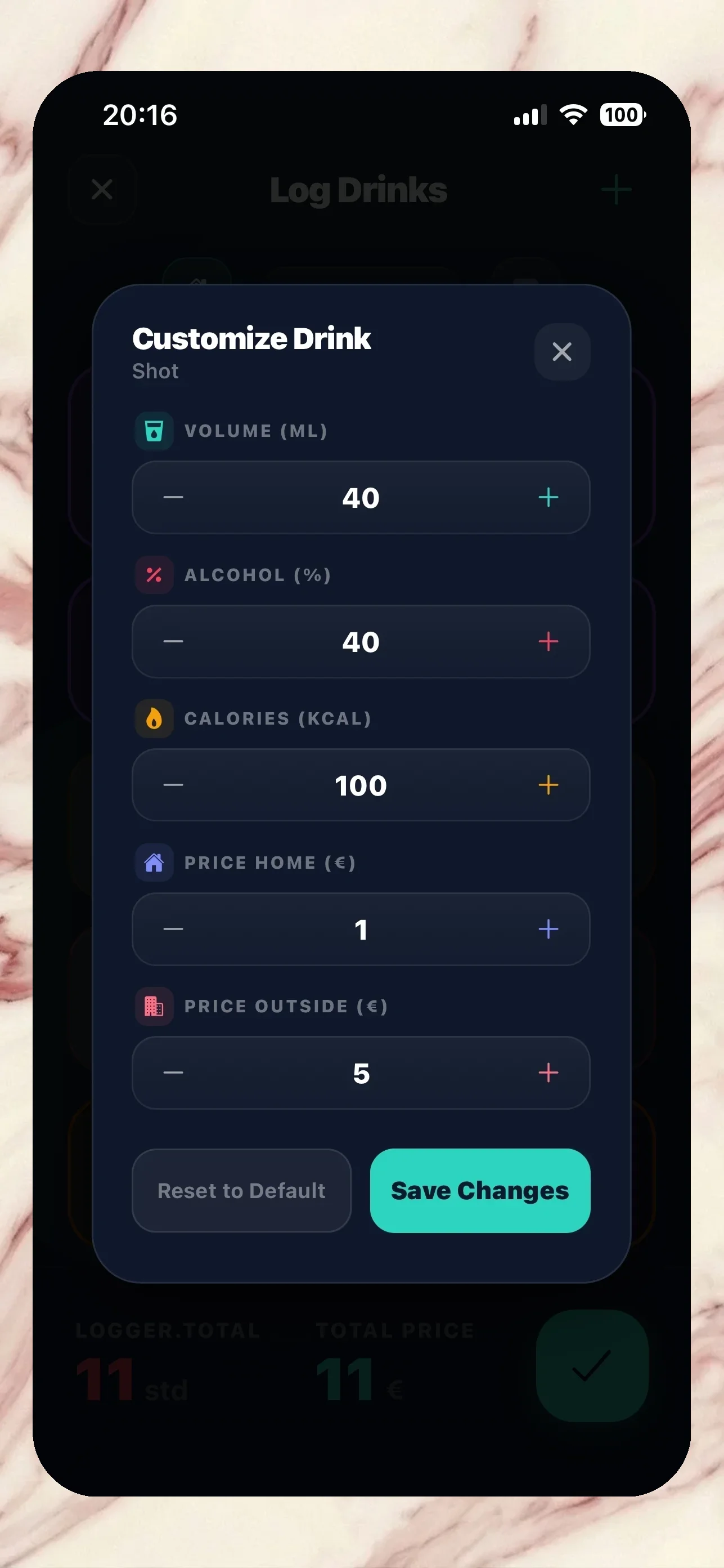 Relimie daily spending and calorie summary